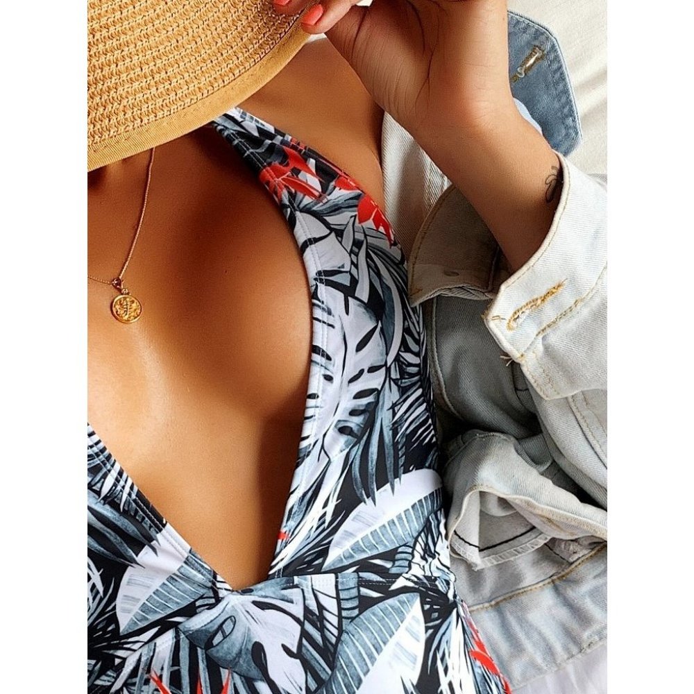 Tropical Palm Print Plunged Swimsuit - Picture 6 of 7